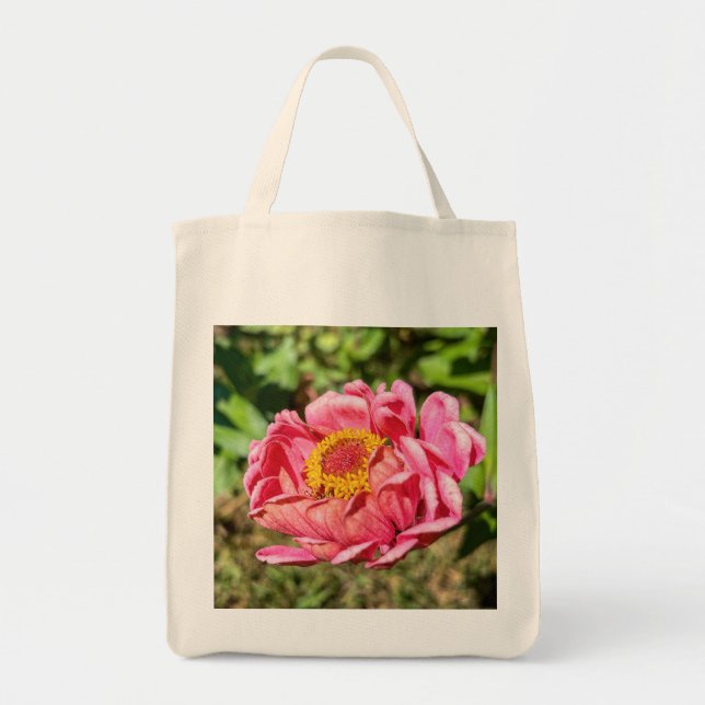 Rosa Zinnia mit gelber Mittellaufruge Tragetasche (Vorne)