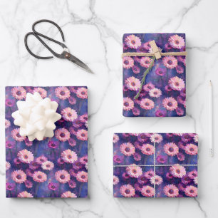 Rosa Zinnien auf Lila Geschenkpapier Set