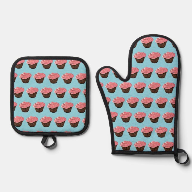 Rosa Zuckerguss Cupcake Ofenhandschuh & Topflappen-Set (Vorderseite)