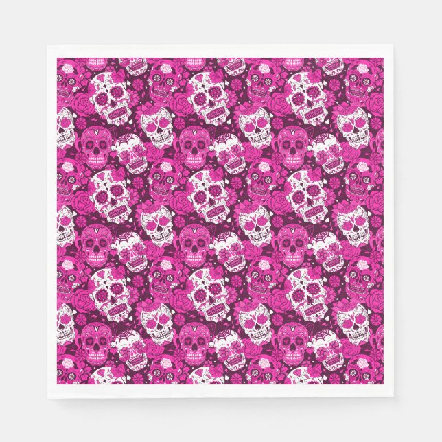 Rosa Zuckerschädel-Blumenmuster Serviette (Vorderseite)
