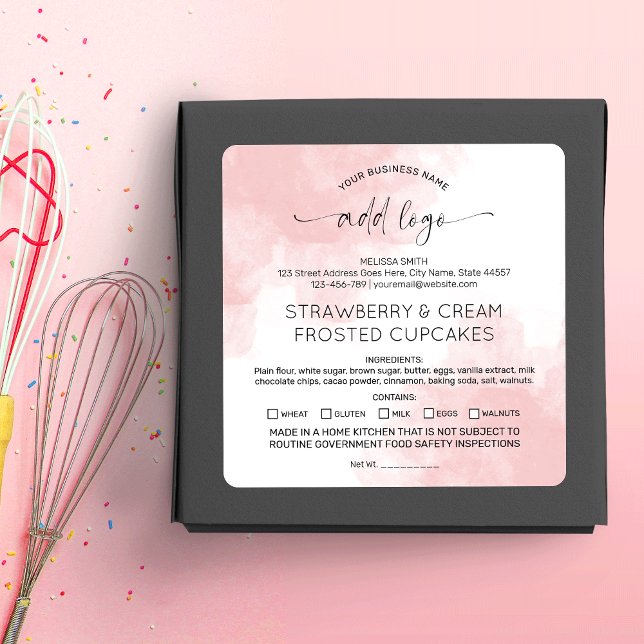 Rosa Zuhause Bakery Hütte gesetzliche Bestandteile Quadratischer Aufkleber (Feminine pink watercolor pastry chef dessert labels for your cookies, cupcakes or other treats)