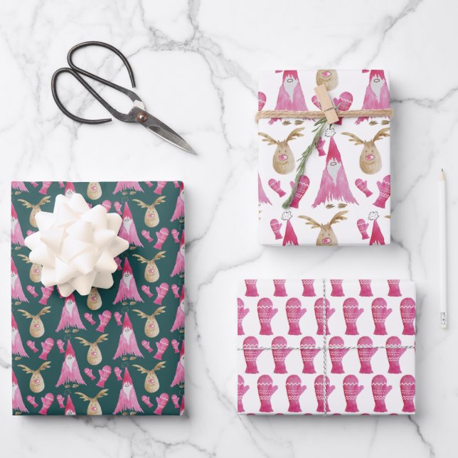 Rosa Zwerge und Rentiermuster Geschenkpapier Set (Vorderseite)