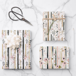 Rosafarben Gold Schwarz Blumen Streifen Ihr Geburt Geschenkpapier Set