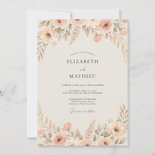 Rosafarben Hochzeit mit Wildblumen Einladung (Vorderseite)