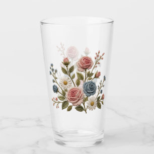 Rosafarben und blaue bestickte Rosen Glas