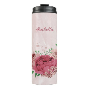 rosafarbene Blumen grüne Blätter Hochzeit Thermosbecher