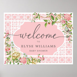Rosafarbene Chinoiserie-Blumen-Babyparty-Willkomme Poster