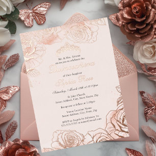 Rosafarbene Pfirsich-Blumen-Rose-Gold-Quinceanera Folieneinladung