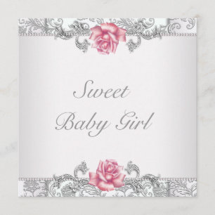Rosafarbene Rosen-Damaskus-Babymädchen-Party Einladung