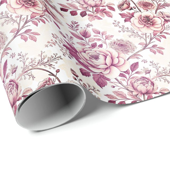 rosafarbene und dunkelrote Blumen Geschenkpapier (Rolleneckpunkt)