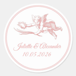 Rosafarbenen Toile de Jouy Cupid Hochzeitsfavorite Runder Aufkleber