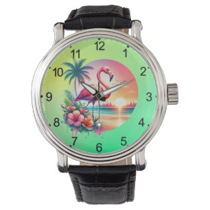 Rosafarbener Flamingo Sonnenuntergang Clipart-9393 Armbanduhr
