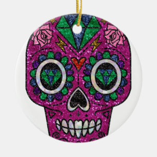rosafarbener Glitter-Zuckerschädel Keramik Ornament