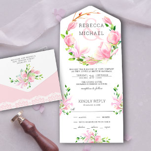 Rosafarbener Magnolien-Blumenkranz-Hochzeit All In One Einladung