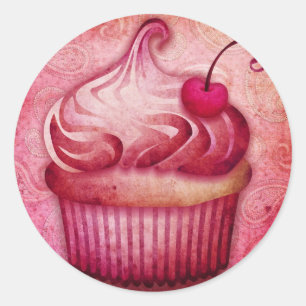 rosafarbener Paisley-Cupcake Runder Aufkleber