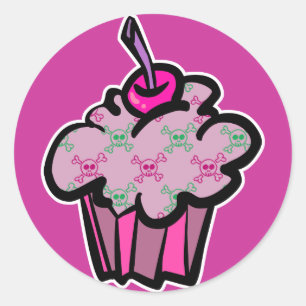 rosafarbener Punk-Totenkopf-Cupcake Runder Aufkleber