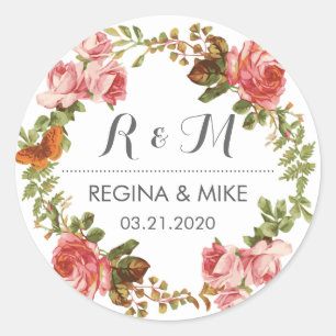 Rosafarbener Rosen-Blumenkranz-Monogramm-Frühling- Runder Aufkleber