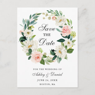 Rosafarbener weißer Blumenkranz Save the Date Ankündigungspostkarte