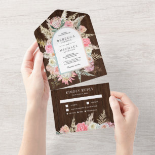 Rosafarbenes Blumen-Boho-Pampasgras-Holz-Hochzeit All In One Einladung