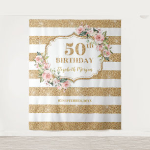 Rosafarbenes Blumen-Gold-Glitter 50. Geburtstag Wandteppich