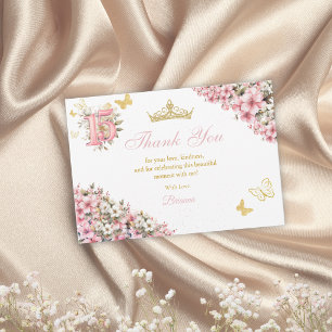 Rosafarbenes Blumen-Gold-Schmetterlinge Quinceañer Dankeskarte