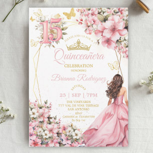 Rosafarbenes Blumen-Gold-Schmetterlinge Quinceañer Einladung
