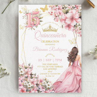 Rosafarbenes Blumen-Gold-Schmetterlinge Quinceañer Einladung