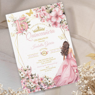 Rosafarbenes Blumen-Gold-Schmetterlinge Quinceañer Einladung