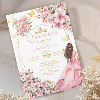 Rosafarbenes Blumen-Gold-Schmetterlinge Quinceañer Einladung