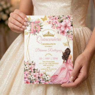 Rosafarbenes Blumen-Gold-Schmetterlinge Quinceañer Einladung
