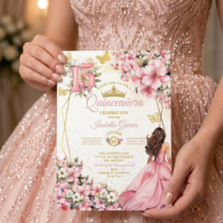 Rosafarbenes Blumen-Gold-Schmetterlinge Quinceañer Einladung