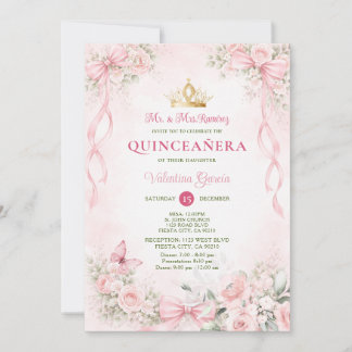 Rosafarbenes Blumen-Schleifenband Quinceañera Einladung
