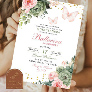 Rosafarbenes Blumen-Schmetterling Quinceanera Einladung