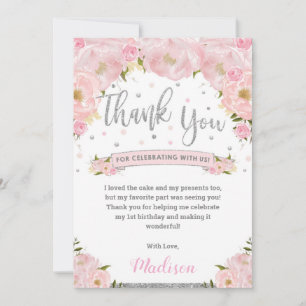 Rosafarbenes Blumen-Silber-Geburtstags-Babyshower Dankeskarte