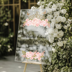 Rosafarbenes Blumen-Tiara aus Gold Quinceanera Wil Acrylschild