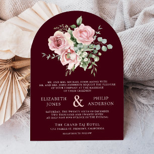 Rosafarbenes Blumeneukalyptus-Burgunder-Hochzeit Einladung