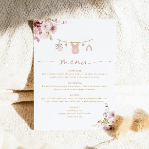 Rosafarbenes Blumenwäscheleine-Babyshower-Menü Menükarte