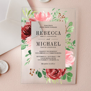 Rosafarbenes Burgunder Blumen Hochzeit Acryleinladungen