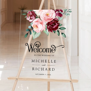 Rosafarbenes Burgunder Blumen Hochzeits Willkommen Acrylschild