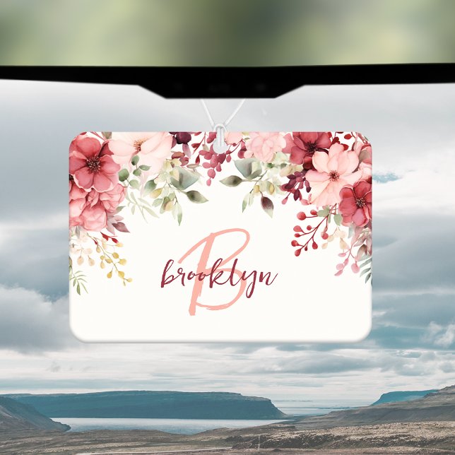 Rosafarbenes Burgunderrot Florales Skript Monogram Autolufterfrischer (Von Creator hochgeladen)