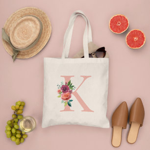 Rosafarbenes burgunderrotes florales Monogramm-Ini Tragetasche
