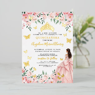 Rosafarbenes Floral-Schmetterling-Quinceanera Gold Folieneinladung