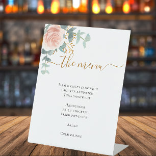 Rosafarbenes florales Eukalyptus-Menü Essen Geträn Sockelschild
