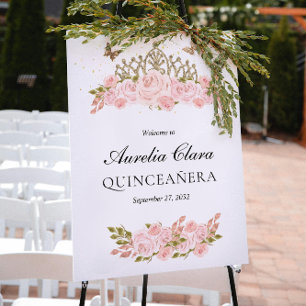 Rosafarbenes florales goldenes Diadem Quinceanera Poster