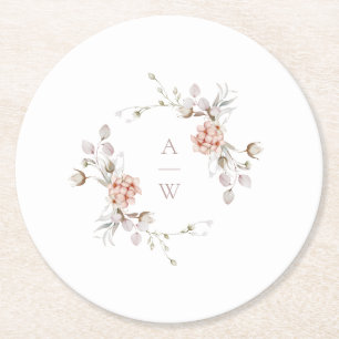 Rosafarbenes florales Monogramm Hochzeit Runder Pappuntersetzer