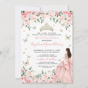 Rosafarbenes Florales Schmetterlings-Gold-Quincean Einladung