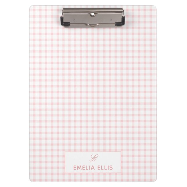 Rosafarbenes Gingham-Klassik-Monogramm  Klemmbrett (Vorderseite)
