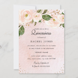 Rosafarbenes Gold Blumen Quinceanera Geburtstag Einladung