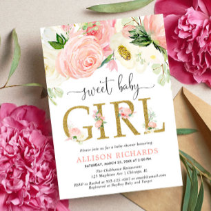 Rosafarbenes Gold Floral Mädchen-Baby-Party Einladung