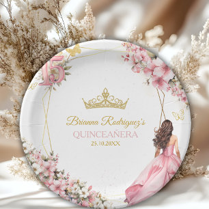 Rosafarbenes Goldenes Florales Schmetterlinge Quin Pappteller